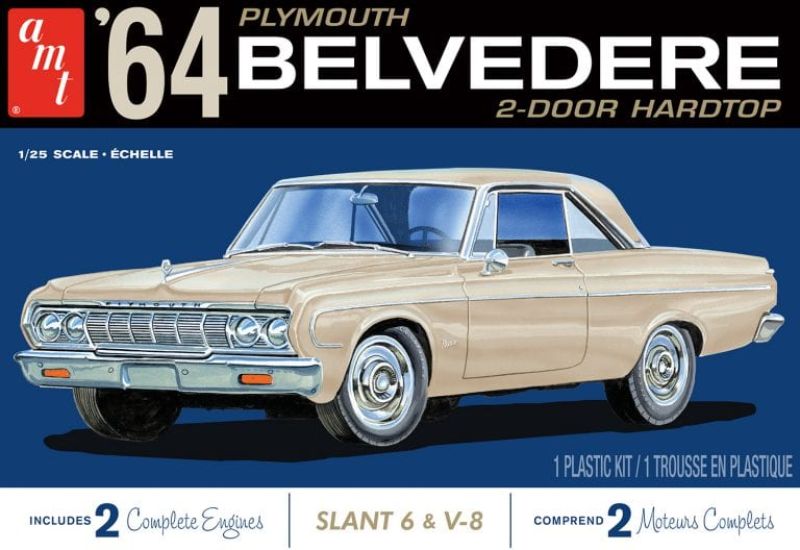 Plastic model kit of a 1/25 scale 1964 Plymouth Belvedere featuring a detailed Slant 6 engine for car enthusiasts.