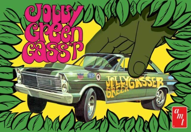 1/25 scale model of a 1965 Ford Galaxie 'Jolly Green Gasser' kit, featuring vibrant green parts and customizable options for hobbyists.