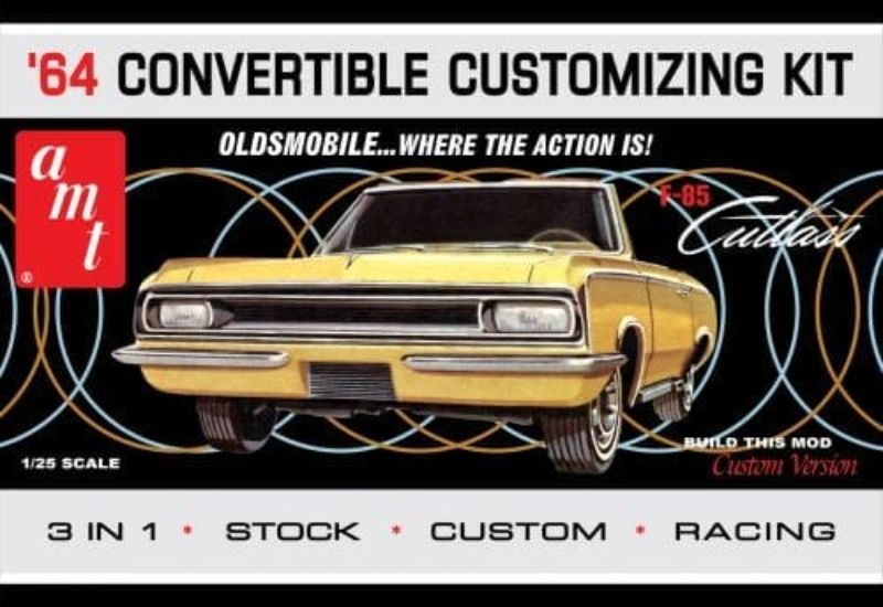 1/25 scale plastic model kit of the 1964 Oldsmobile Cutlass F85 Conv, featuring 3 build options and over 110 detailed parts.