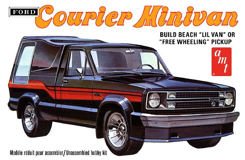 1/25 scale model kit of the 1978 Ford Courier Minivan, featuring 121 parts for customization and vintage detail.