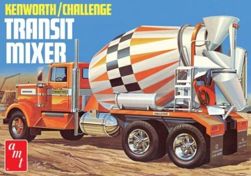 1/25 scale Kenworth Cement Mixer model kit with detailed parts, rotating drum, and vibrant decals for creative assembly fun.