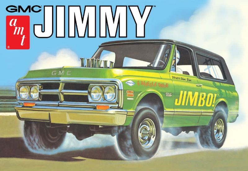 1/25 scale model kit of the 1972 GMC Jimmy featuring removable roof, drag slicks, and vibrant decals for customization.