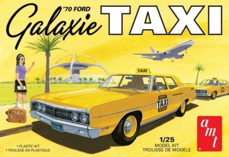 Detailed 1/25 scale model kit of a 1970 Ford Galaxie Taxi with 80 parts, vibrant colors, and authentic retro elements.