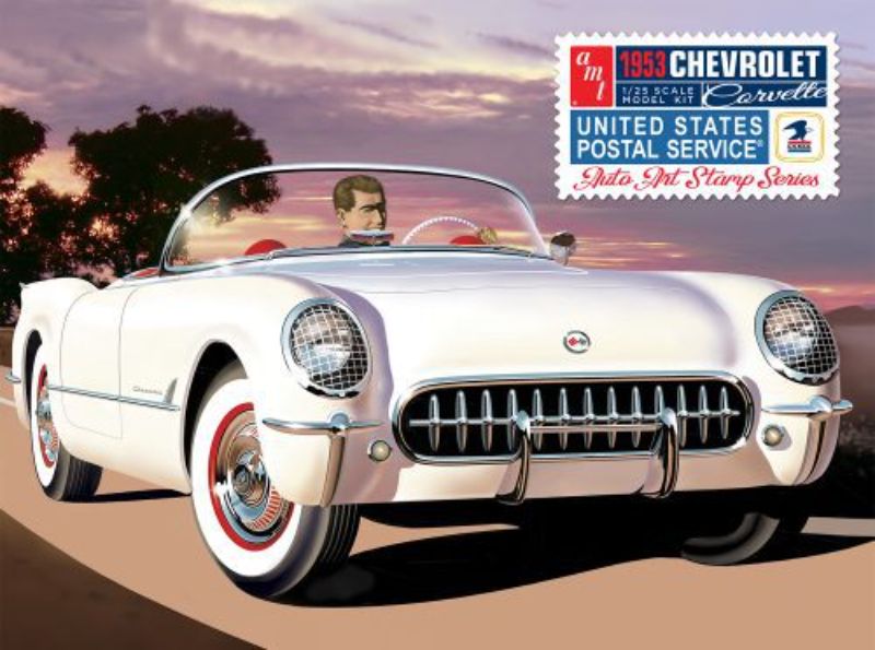 Model kit of a 1953 Chevy Corvette, featuring USPS stamp designs, 1:25 scale, 162 detailed parts, and collectible tin packaging.