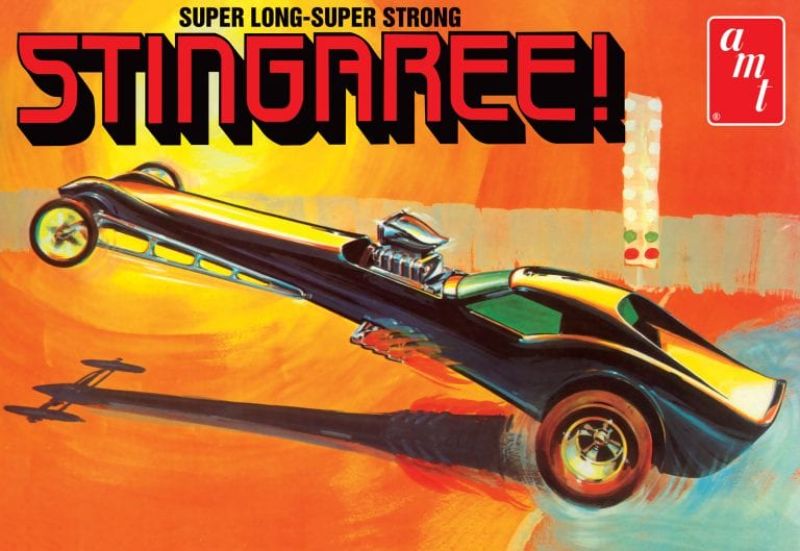 Detailed 1/25 scale model kit of the Stingaree Custom Dragster with blown engine, vibrant decals, and unique design features.