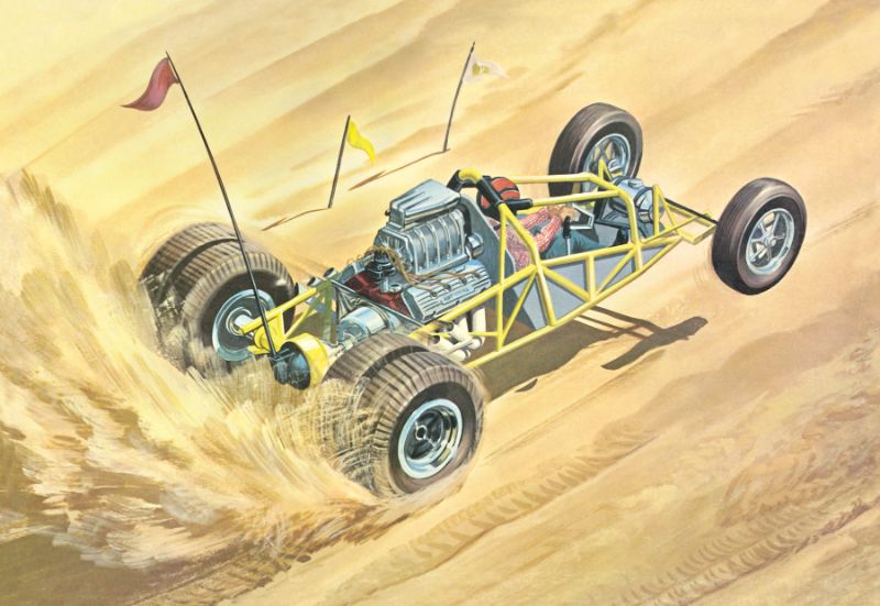 Plastic model kit of the 1/25 Sandkat Dune Dragster, featuring vibrant yellow design and chrome-plated parts for realism.