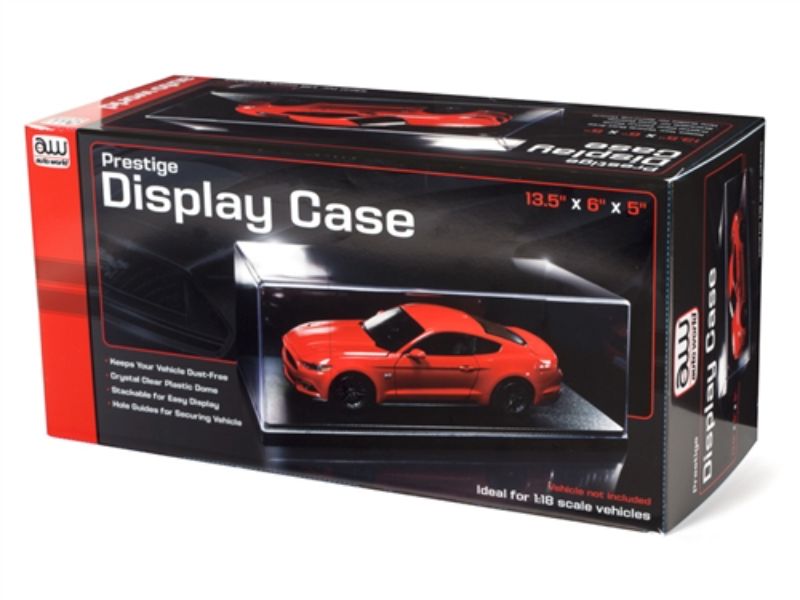 Clear plastic display case for 1/18 scale vehicles, featuring a backdrop for elegant showcasing and dust protection.