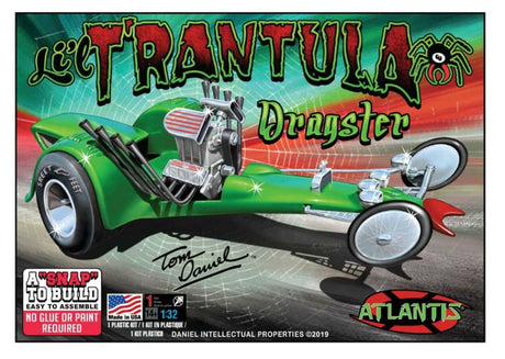 Colorful 1/32 SNAP Lil' Trantula model kit featuring a whimsical dragster design, easy snap assembly, and intricate details.