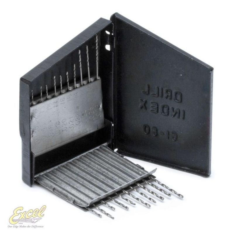 Set of 20 precision micro drill bits (#61 to #80) for intricate drilling in wood, plastic, and soft metals, in a compact case.