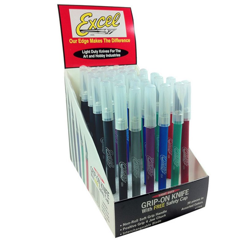 Soft Grip Knife Display set featuring 36 precision knives in vibrant colors, ideal for various crafting tasks and safe handling.