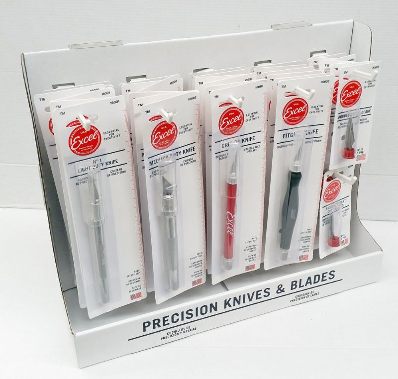 Compact display featuring a variety of high-quality Excel knives, ideal for hobbyists and professionals with safety caps included.