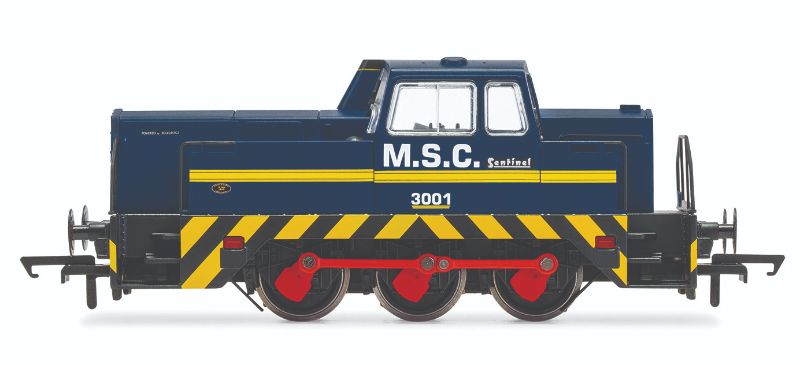 Hornby MSC Sentinel 0-6-0DH 3001 model locomotive, detailed 00 gauge replica for model train enthusiasts.