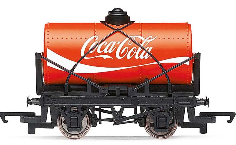 Hornby Coca-Cola Small Tank Wagon model featuring vibrant branding and intricate detailing for 00 gauge railway setups.