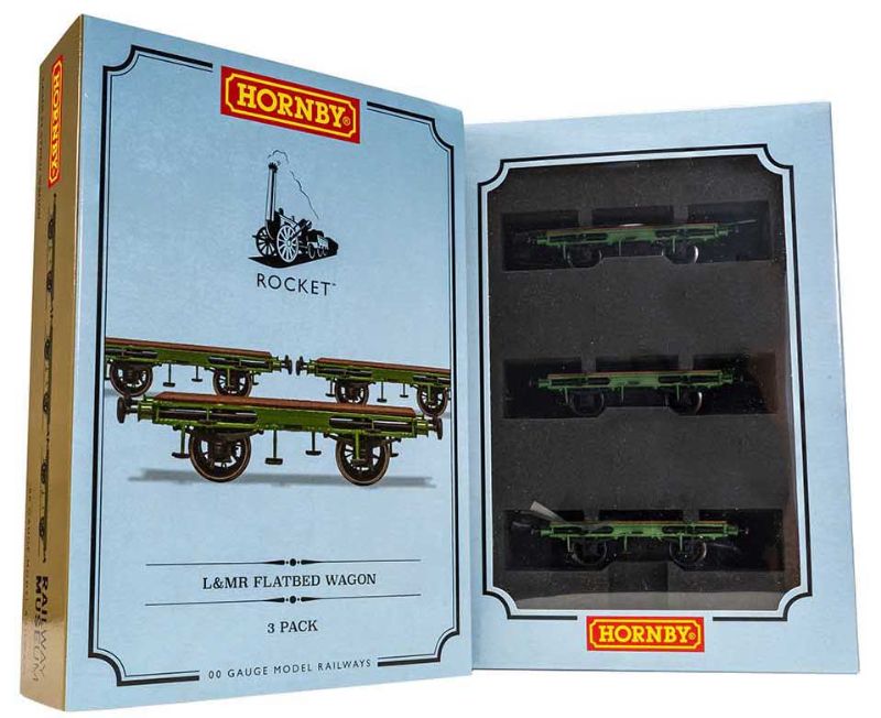 Hornby L&MR Flat Bed Wagon Pack featuring 3 detailed wagons inspired by Stephenson's Rocket for OO gauge layouts.