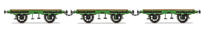 Hornby L&MR Flat Bed Wagon Pack featuring 3 detailed wagons inspired by Stephenson's Rocket for OO gauge models.