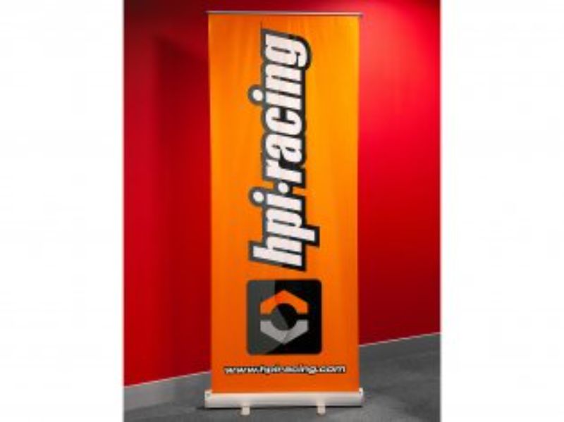 Stylish HPI Roller Banner showcasing vibrant graphics for RC car enthusiasts, perfect for events and hobby displays.