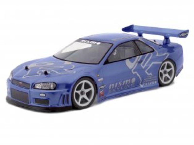 Detailed replica of Nissan Skyline R34 GT-R body shell for 1/10 RC cars, crafted from durable polycarbonate with precise decals.