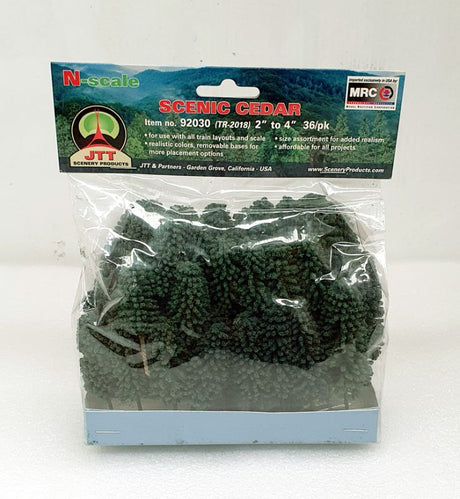Model Scenery Econo-Cedar tree pack featuring 36 realistic trees, 50-100mm in height, ideal for dioramas and model railways.