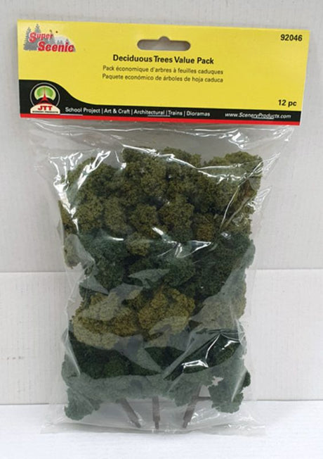 A pack of 12 realistic pine trees, 100-150mm tall, perfect for enhancing model scenery and dioramas.