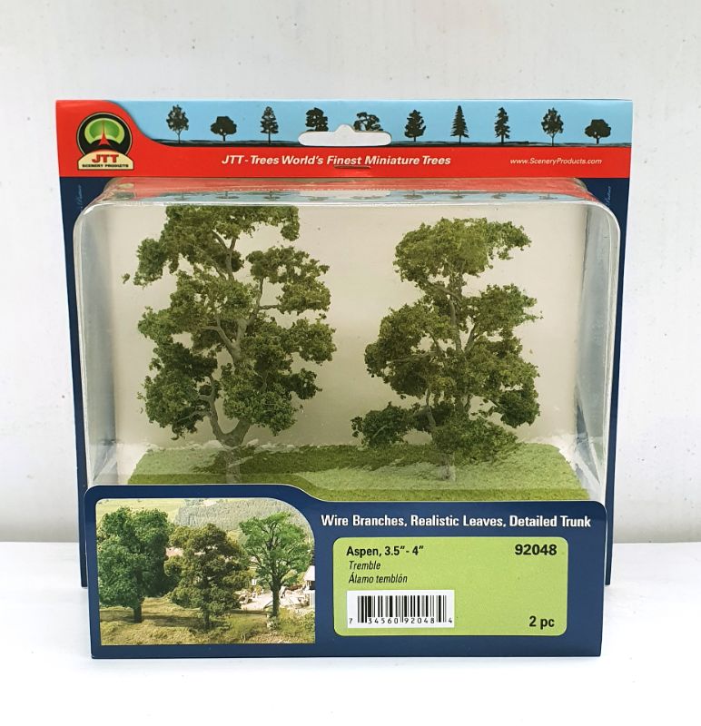 Two realistic 75-100mm Aspen trees with vibrant leaves and detailed branches for model landscapes and dioramas.