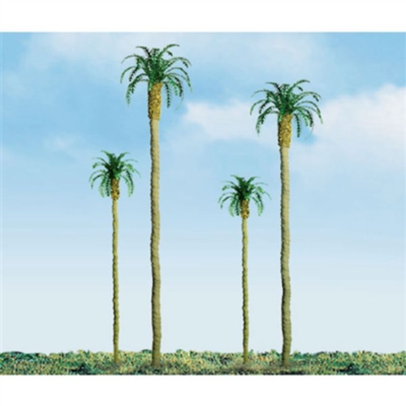Four 64mm palm trees, expertly crafted, ideal for enhancing model dioramas with tropical realism and vibrant landscapes.