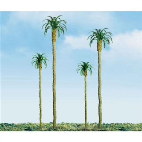 Four 64mm palm trees, expertly crafted, ideal for enhancing model dioramas with tropical realism and vibrant landscapes.