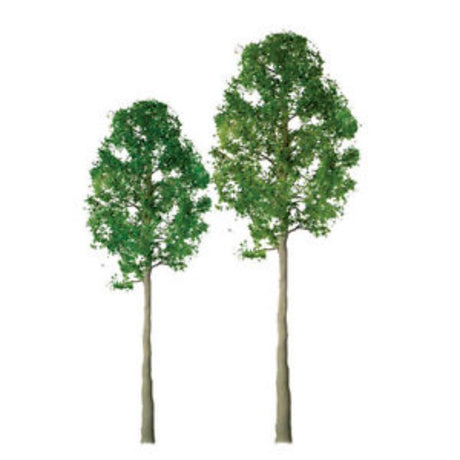 Three 75mm cypress trees in rich green colors, perfect for enhancing dioramas and model landscapes with realistic foliage.