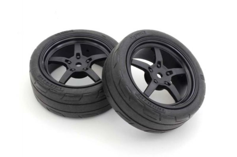 Kyosho 1/10 T&W Drift Tyre set in black, featuring two glued tyres for enhanced grip and performance in RC drifting.