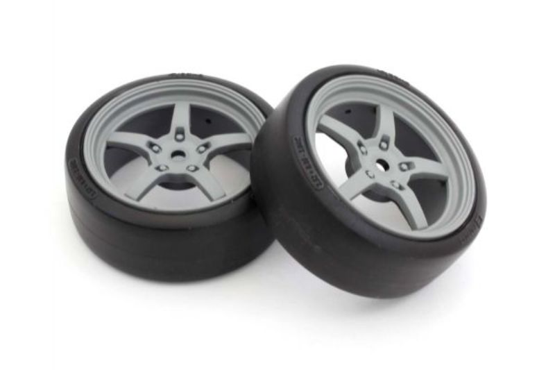 Premounted 5-spoke drift tires for 1/10 RC cars, offering superior grip, performance, and stylish design for racing.