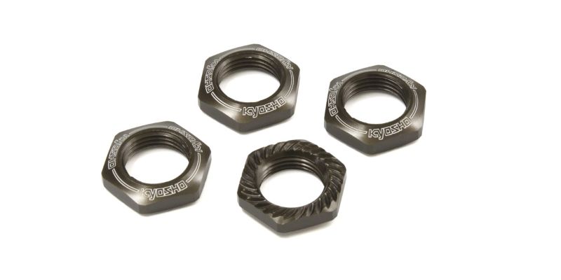 Gunmetal serrated wheel nuts for RC vehicles, providing durability, secure fit, and enhanced grip in a sleek 4-pack.