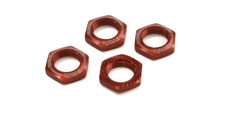 Kyosho red serrated wheel nuts (4-pack) for RC cars, ensuring secure fit and stylish performance.
