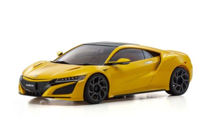 Kyosho MR-03W Honda NSX body shell in yellow, designed for Mini Z chassis, enhancing aesthetic and racing experience.