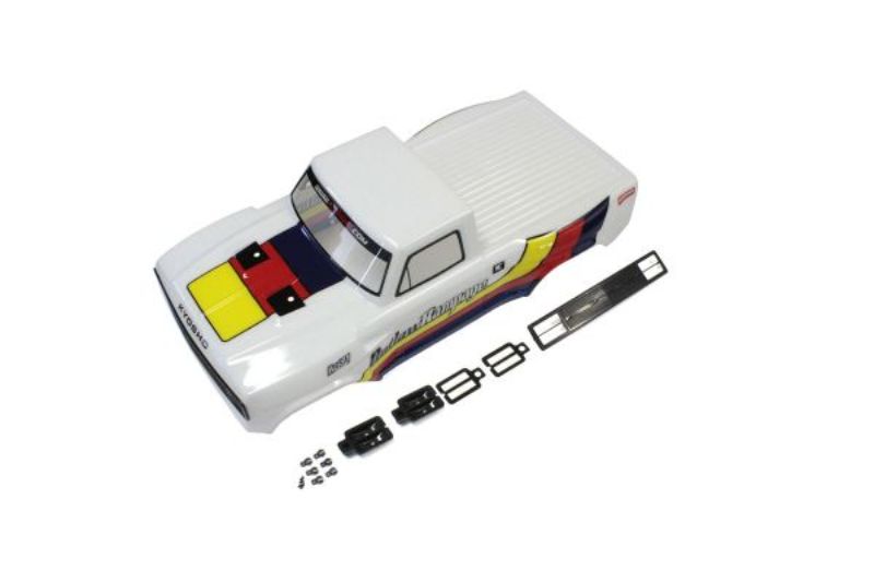 Kyosho Outlaw Rampage T1 body set in vibrant white, designed for durability and perfect fit, enhancing RC aesthetics and performance.