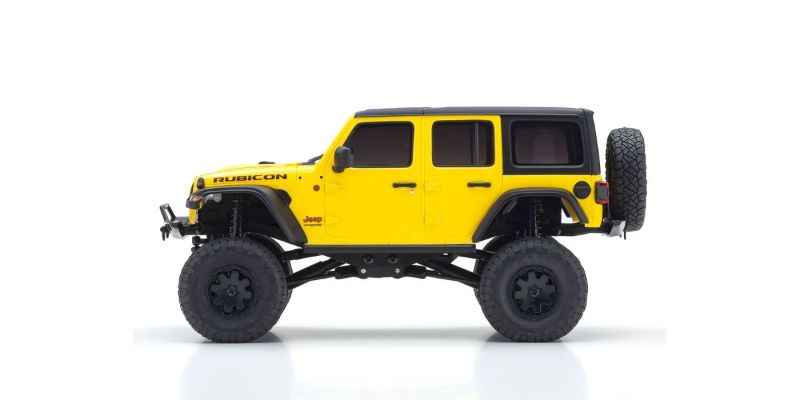 Kyosho MX-01 Wrangler Unlimited Yellow mini RC car featuring detailed design, 4x4 chassis, and precise 2.4GHz control.
