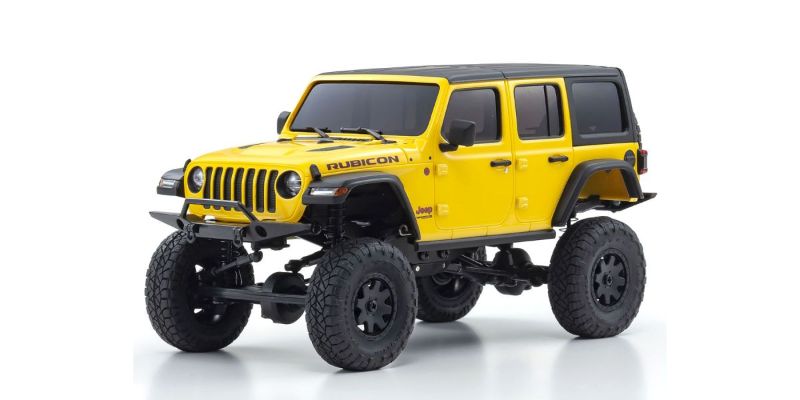 Kyosho MX-01 Wrangler Unlimited Yellow RC car, detailed mini crawler with 4x4 chassis, ideal for off-road adventures.