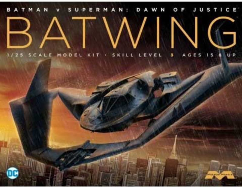 Detailed 1/25 Batplane model kit from Batman v. Superman, featuring adjustable VTOL options and an 18-inch wingspan.
