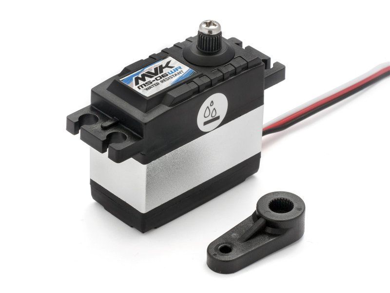 Water-resistant MS-06WR servo for radio control cars, offering 6V operation, quick response, and robust durability in wet conditions.