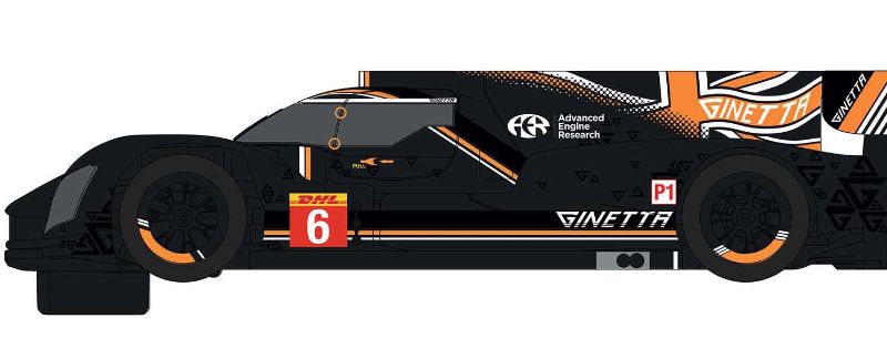 Slot car model of Ginetta G60-LT-P1 #6 with detailed design, Union Jack accents, perfect for racing and collection.