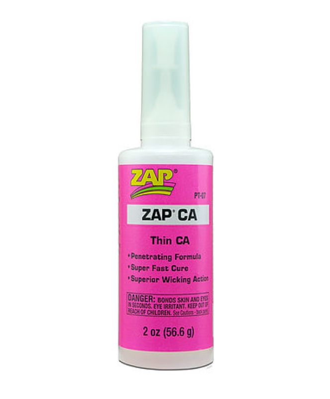ZAP CA Thin (56.6g) super glue ensures precise, clear bonding for metal, wood, rubber, ceramics, and most plastics.