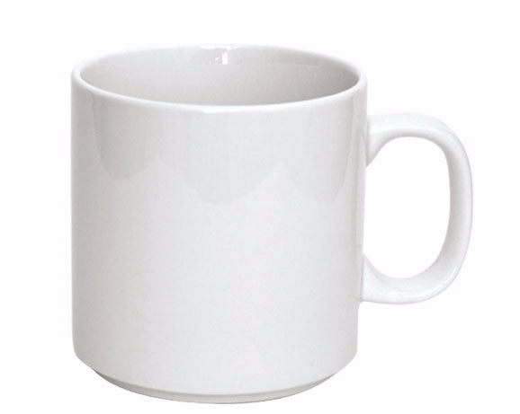 Set of 6 premium white porcelain stacking coffee mugs, 260ml, perfect for hospitality use and easy storage.