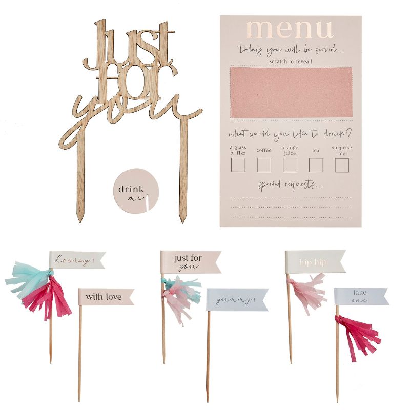 Customizable Breakfast in Bed Set featuring a scratch-to-reveal menu, drink toppers, and vibrant balloons for a special surprise.