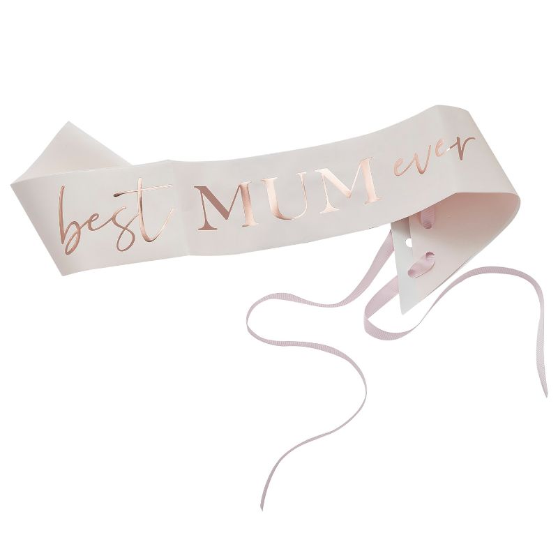 Rose gold "Best Mum Ever" sash on blush pink fabric, featuring velvet ribbon, perfect for Mother's Day celebrations.