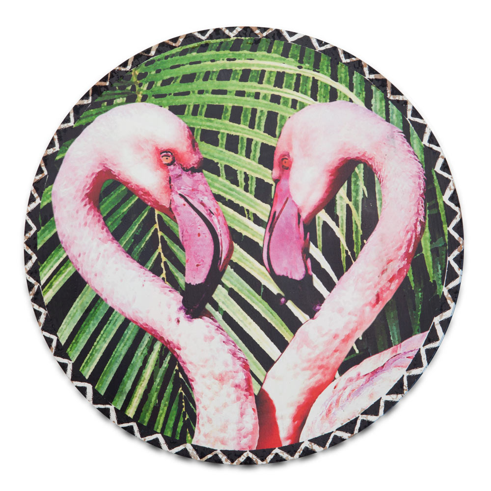 Wooden wall art featuring vibrant flamingos in a vintage porthole design, perfect for seaside-themed decor.