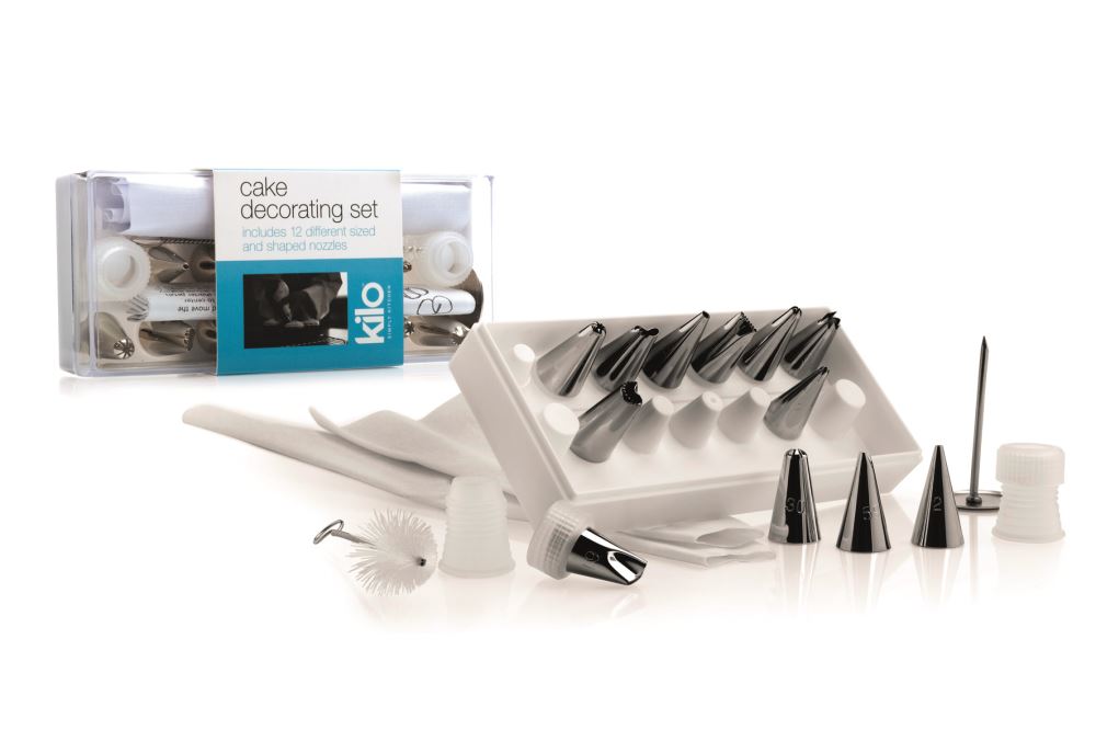 Kilo Cake Decorating Set featuring stainless steel piping bags, 12 nozzles, and cleaning tool for professional-quality cake designs.