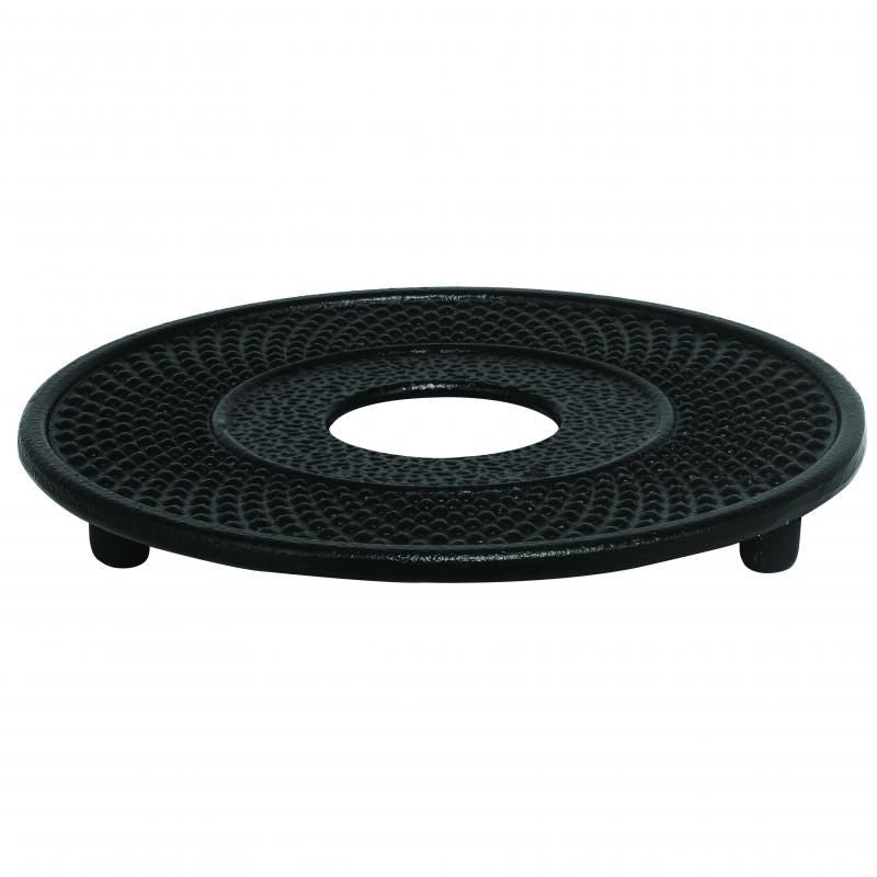 Stylish 13cm black cast iron trivet with hobnail pattern, protects surfaces from hot cookware and retains heat for serving.