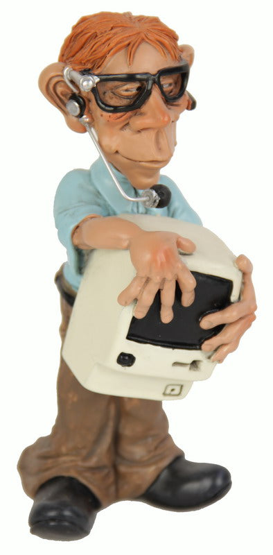 Hand-painted polyresin ornament depicting an IT professional, ideal for indoor/outdoor decor, gift boxed.