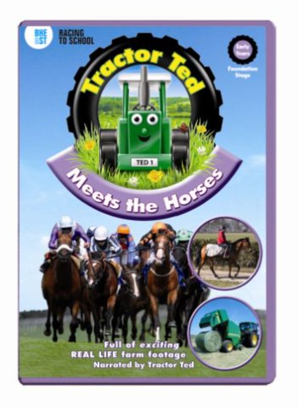 "Colorful DVD cover featuring Tractor Ted with racehorses, showcasing farm life and adventure for young animal enthusiasts."