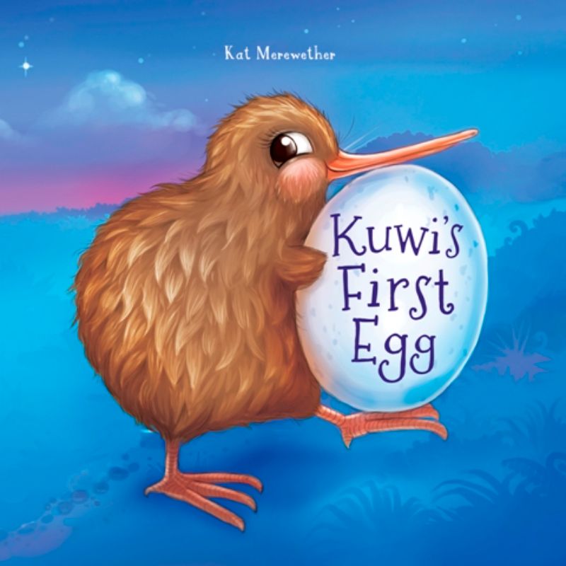 Cover of "Kuwis First Egg," a children's book about Kuwi, a young kiwi learning to care for her first egg, with vibrant illustrations.