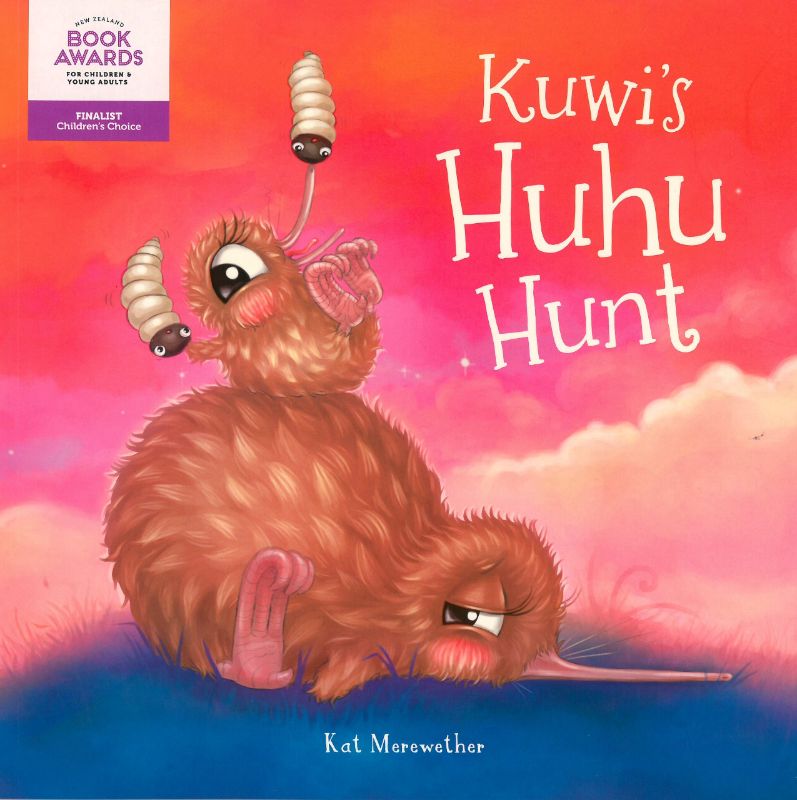 Illustrated cover of 'Kuwi the Kiwi: Huhu Hunt', featuring vibrant art and Kuwi with her chick on a whimsical adventure.
