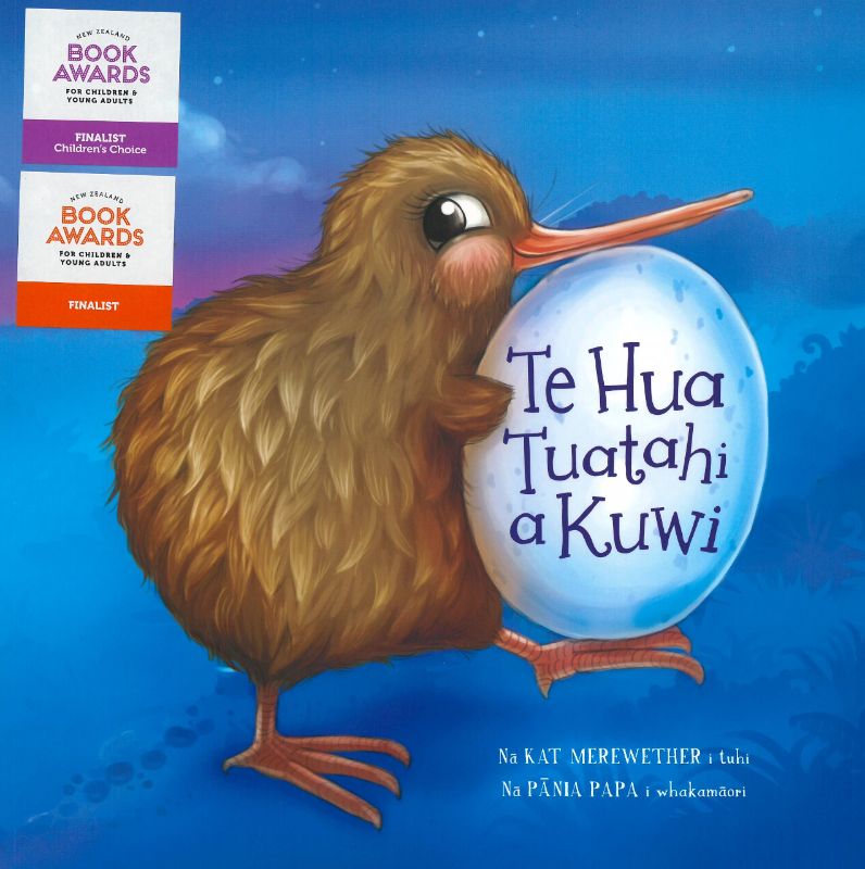 Illustrated cover of 'Te Hua Tuatahi a Kuwi', showcasing a confused kiwi and her newly laid egg in a vibrant setting.